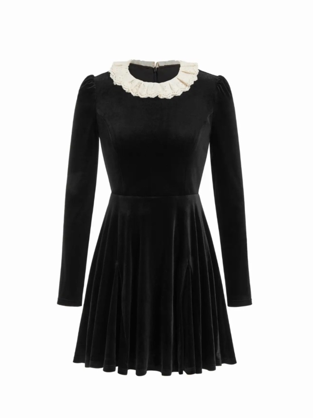 VELVET COLLAR LONG SLEEVE RUFFLE TRIM A-LINE MINI DRESS
